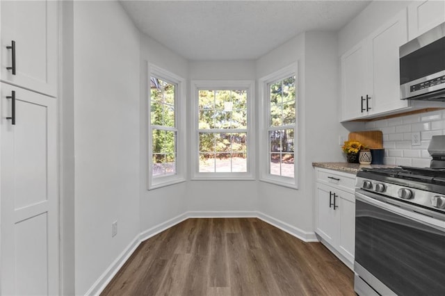 kitchen with tasteful backsplash, a healthy amount of sunlight, light stone counters, white cabinetry, and stainless steel appliances