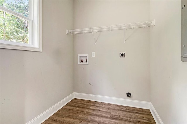 laundry room featuring hookup for an electric dryer, washer hookup, wood finished floors, and baseboards