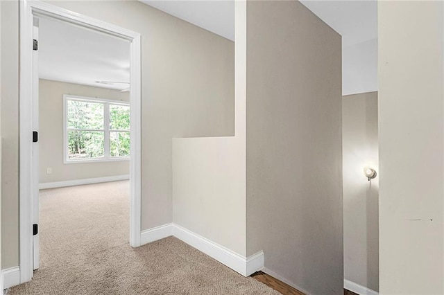 hall featuring carpet floors and baseboards