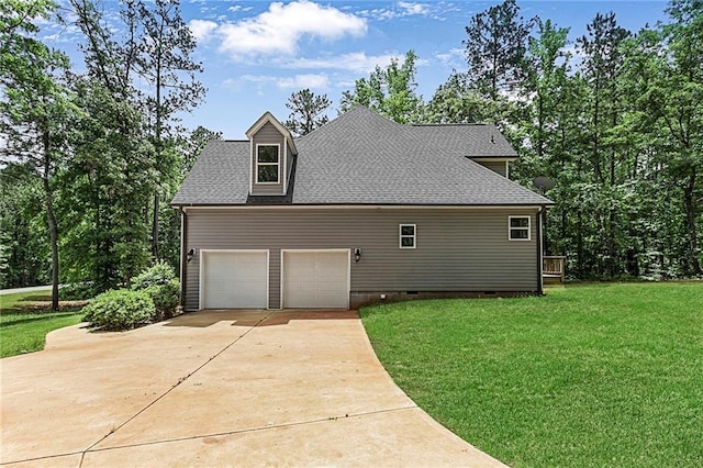 view of home's exterior with a lawn, crawl space, driveway, and roof with shingles