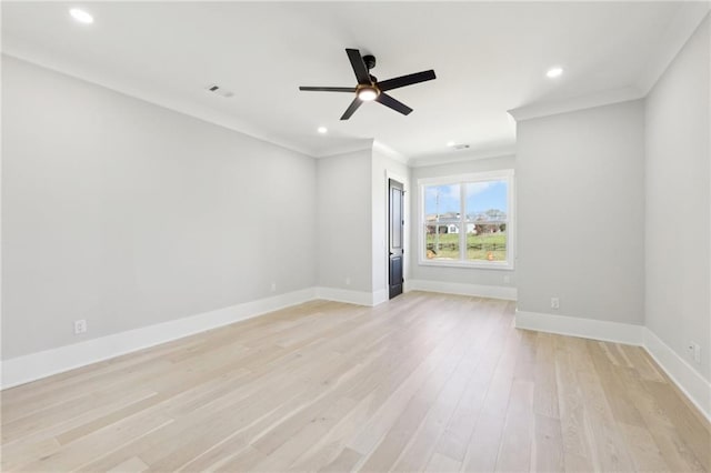 unfurnished room featuring ornamental molding, a ceiling fan, light wood-type flooring, baseboards, and recessed lighting