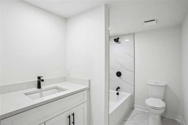 bathroom with marble finish floor, toilet, shower / tub combination, vanity, and baseboards