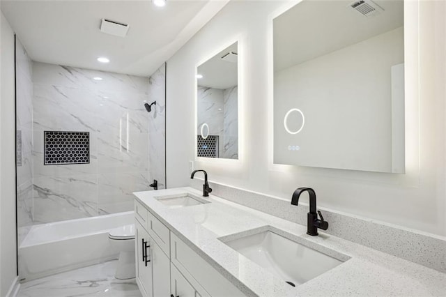 bathroom featuring visible vents, toilet, recessed lighting, and a sink