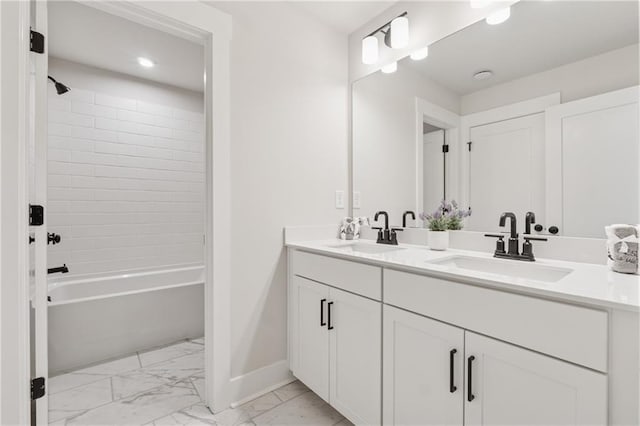 2445 Hidden Creek Rd, Kennesaw, GA 30152 - bathroom with marble finish flooring, double vanity, baseboards, shower / bathtub combination, and recessed lighting