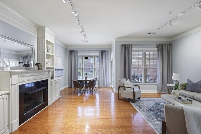 273 12th St NE Unit 421, Atlanta, GA 30309 - living area with light wood-style flooring, visible vents, track lighting, crown molding, and a fireplace