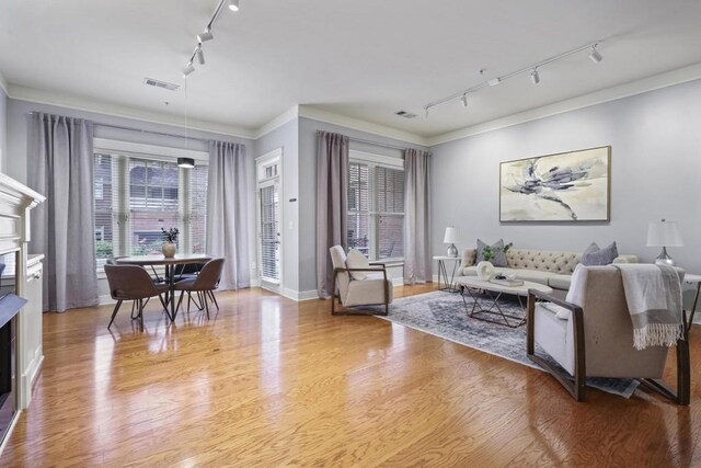 273 12th St NE Unit 421, Atlanta, GA 30309 - living area featuring light wood-type flooring, a fireplace, visible vents, and track lighting