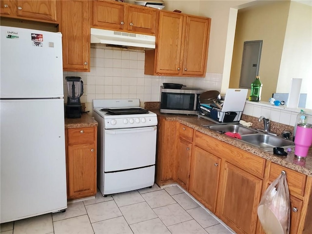 867 Commodore Dr NW, Atlanta, GA 30318 - kitchen with a sink, under cabinet range hood, white appliances, and tasteful backsplash