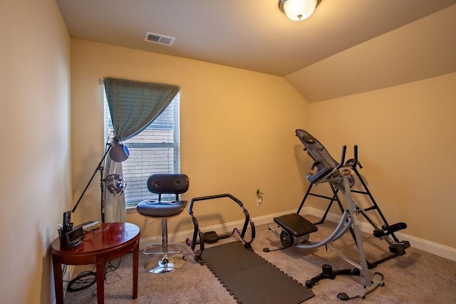 exercise room featuring lofted ceiling