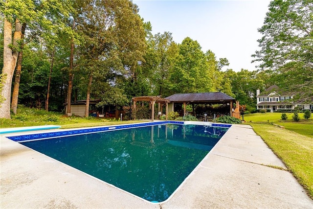 8601 Flint Hill Rd, Douglasville, GA 30135 - swimming pool with a pergola, a lawn, a gazebo, and view of scattered trees
