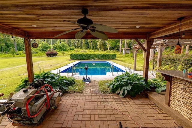 8601 Flint Hill Rd, Douglasville, GA 30135 - swimming pool with ceiling fan, a yard, and a patio area