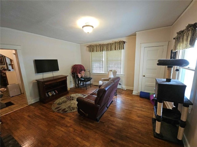 living room featuring ornamental molding and dark wood-type flooring