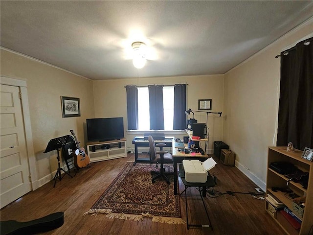 office featuring ceiling fan and dark wood-type flooring