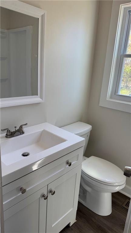 bathroom with vanity, toilet, and wood finished floors