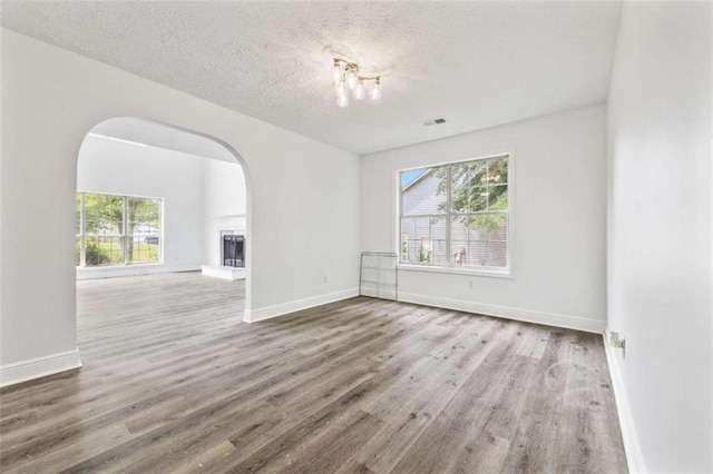 unfurnished room with a textured ceiling, plenty of natural light, and hardwood / wood-style flooring