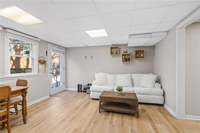 living room with a drop ceiling and light hardwood / wood-style floors