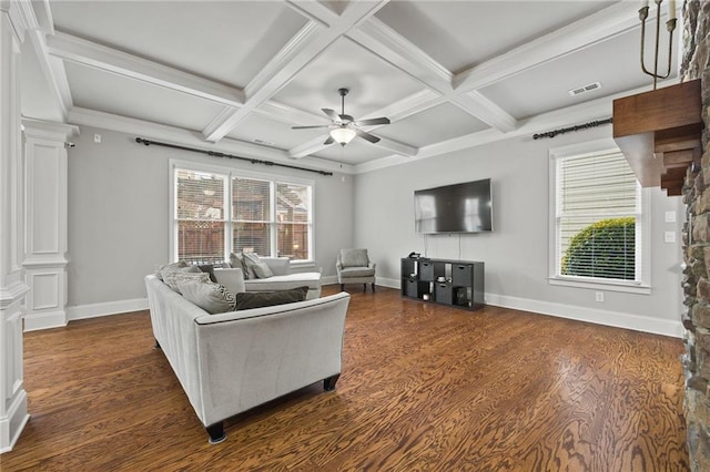 living room with visible vents, coffered ceiling, dark wood-style flooring, and ornate columns