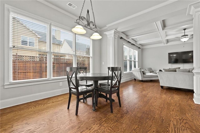 dining area featuring visible vents, coffered ceiling, ornate columns, dark wood finished floors, and baseboards