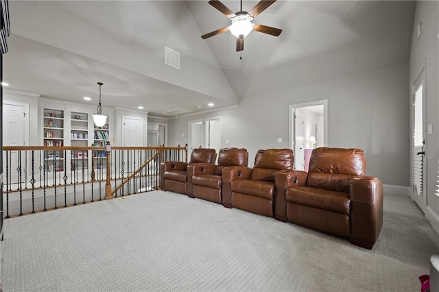 home theater with visible vents, baseboards, carpet flooring, recessed lighting, and high vaulted ceiling