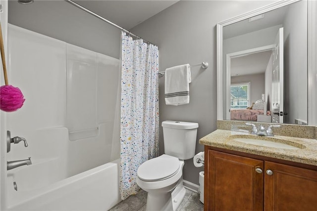 bathroom with tile patterned floors, toilet, vanity, and shower / tub combo