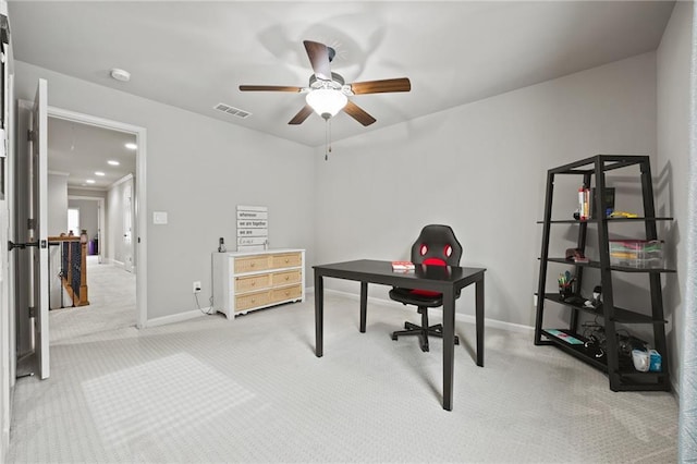 carpeted office space with visible vents, ceiling fan, baseboards, attic access, and recessed lighting