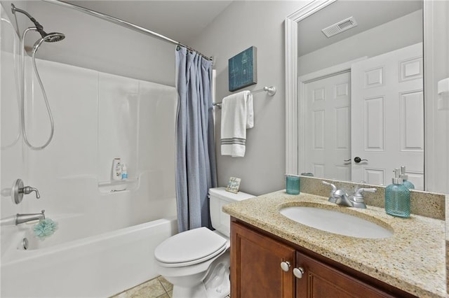 full bathroom with vanity, toilet, shower / bath combo, and visible vents