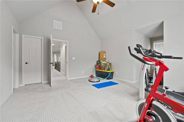 workout area with visible vents, baseboards, carpet, and a ceiling fan