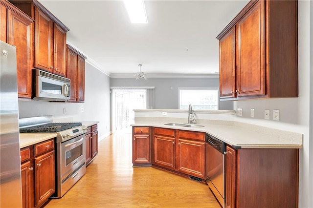 kitchen featuring sink, stainless steel appliances, crown molding, a chandelier, and light hardwood / wood-style floors