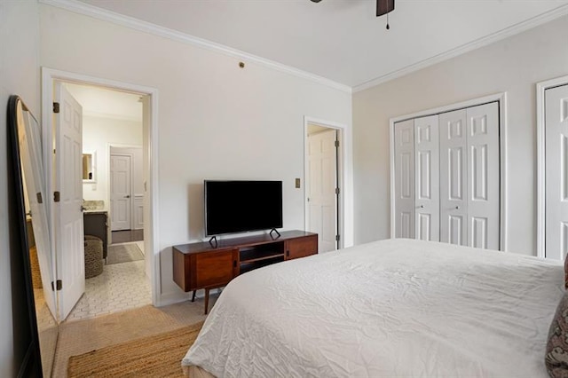 bedroom with ceiling fan and ornamental molding