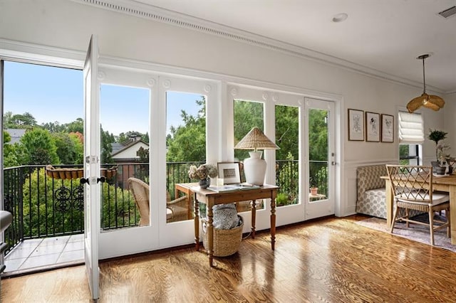 doorway featuring a wealth of natural light, ornamental molding, and hardwood / wood-style flooring