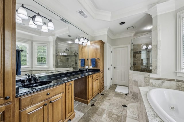 full bath with a shower stall, a tray ceiling, a jetted tub, ornamental molding, and double vanity