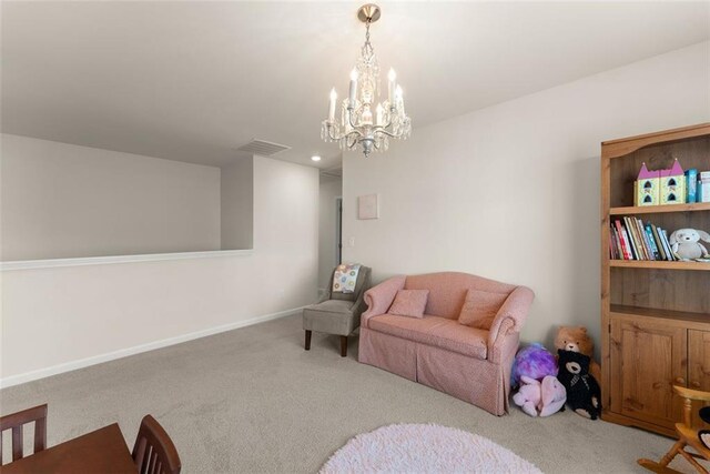 867 Starbuck Pkwy, Pendergrass, GA 30567 - living room featuring carpet floors, baseboards, a chandelier, and visible vents