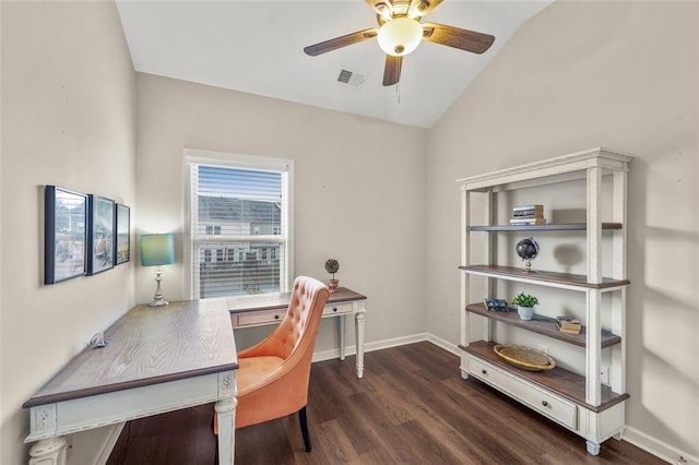 office featuring dark hardwood / wood-style flooring, vaulted ceiling, and ceiling fan