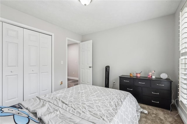 bedroom featuring a closet, carpet flooring, and multiple windows