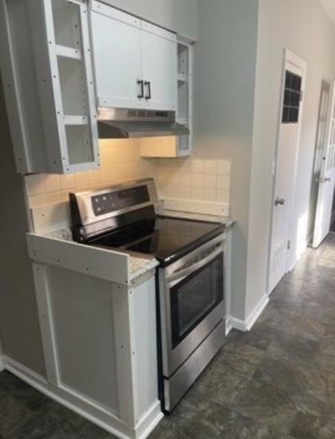 kitchen featuring decorative backsplash, white cabinets, and stainless steel electric range