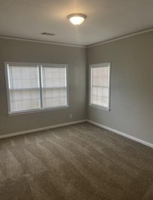 carpeted empty room with crown molding