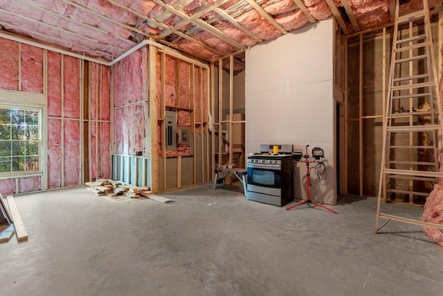 miscellaneous room with electric panel and concrete floors