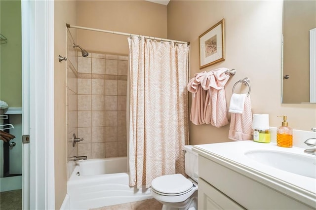 full bathroom featuring vanity, shower / tub combo with curtain, and toilet