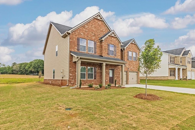 view of front of house featuring driveway, an attached garage, a front yard, and brick siding