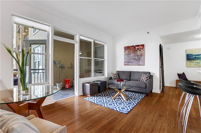 living room featuring ornamental molding and wood-type flooring