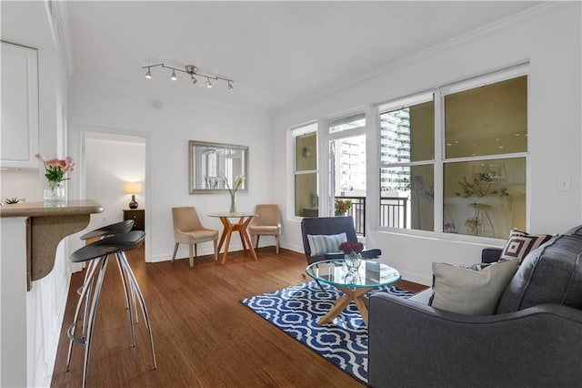 interior space with crown molding and dark wood-type flooring