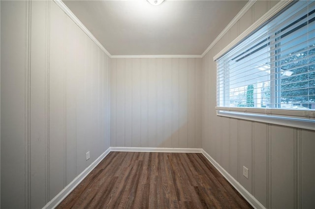 spare room featuring dark wood-type flooring and ornamental molding