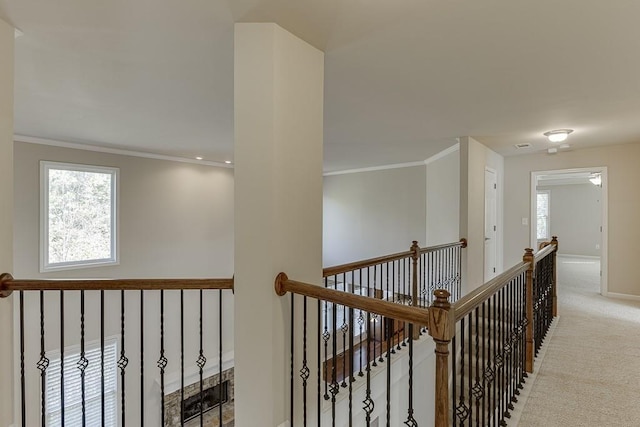 hallway with crown molding and light colored carpet