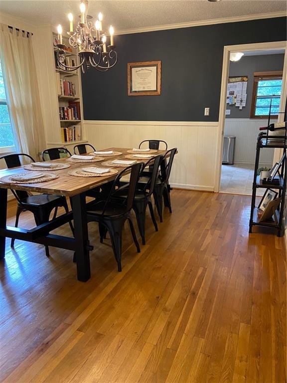 406 S Hillcrest Dr SW, Marietta, GA 30064 - dining room with wainscoting, a chandelier, crown molding, light wood finished floors, and a textured ceiling