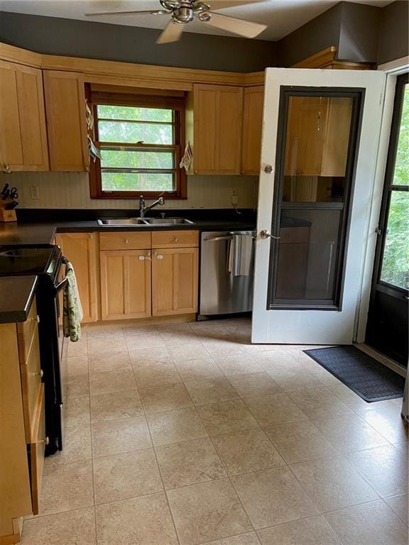 406 S Hillcrest Dr SW, Marietta, GA 30064 - kitchen with dishwasher, black range with electric stovetop, dark countertops, and a ceiling fan