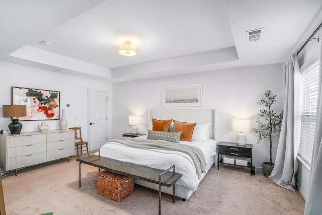 bedroom featuring light colored carpet and a tray ceiling