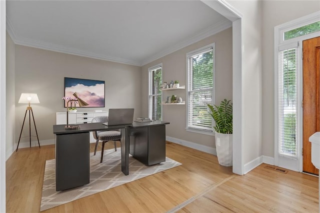 3642 Fowler Rdg, Douglasville, GA 30135 - office area featuring light wood-type flooring, baseboards, crown molding, and plenty of natural light
