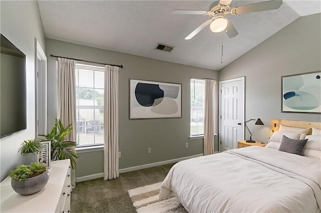 256 Turnstone Rd, Stockbridge, GA 30281 - bedroom featuring carpet floors, vaulted ceiling, baseboards, a ceiling fan, and a textured ceiling