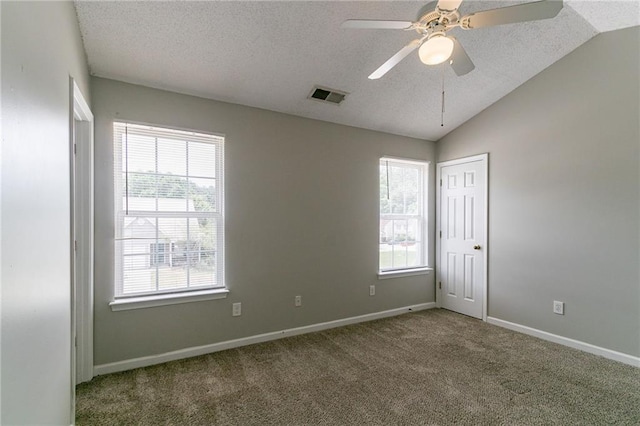 256 Turnstone Rd, Stockbridge, GA 30281 - carpeted spare room with a textured ceiling, healthy amount of natural light, lofted ceiling, baseboards, and a ceiling fan
