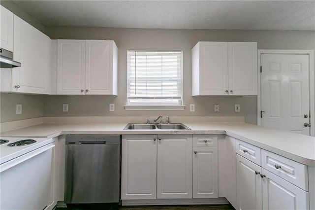256 Turnstone Rd, Stockbridge, GA 30281 - kitchen with dishwasher, a sink, white cabinets, white electric stove, and a textured ceiling