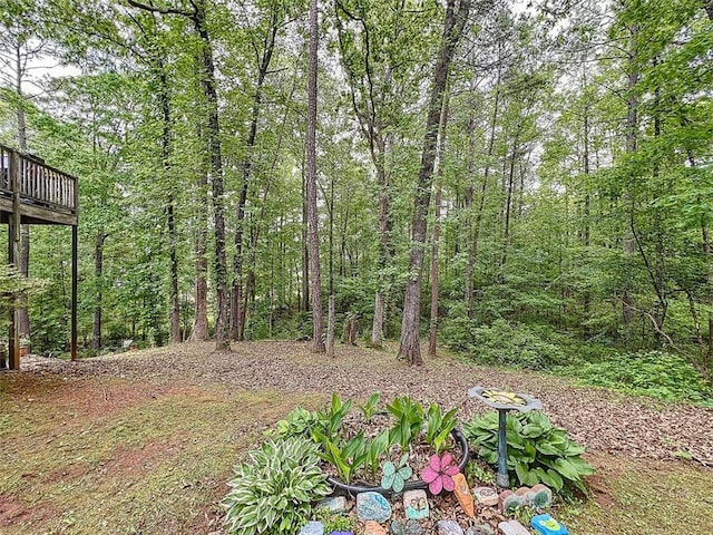 view of yard featuring a forest view